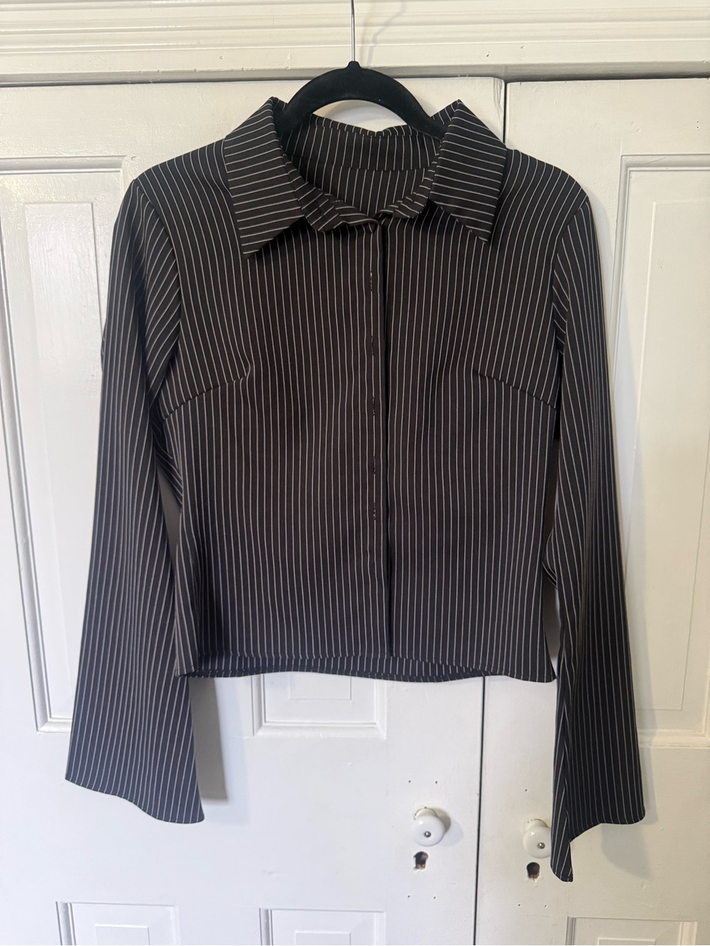 Pinstripe Button-Front Long-Sleeve Shirt - Black